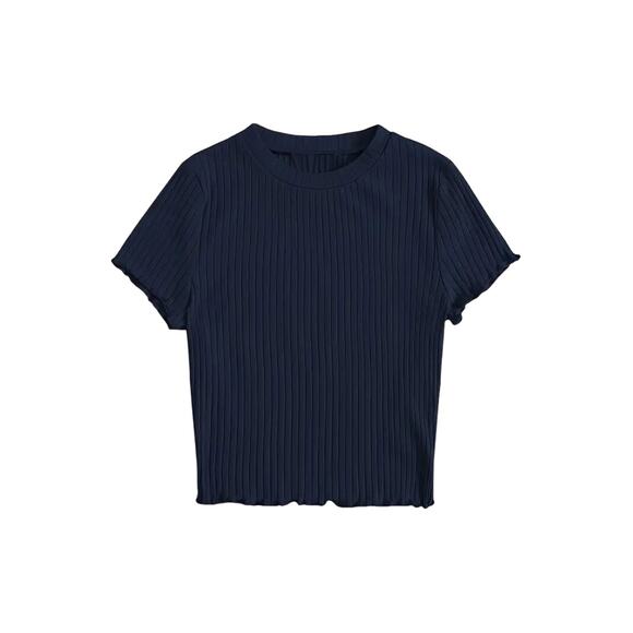 SHEIN Pre-Owned Faded Black Lettuce Trim Crew Neck T-Shirt Sz L - Picture 4 of 6